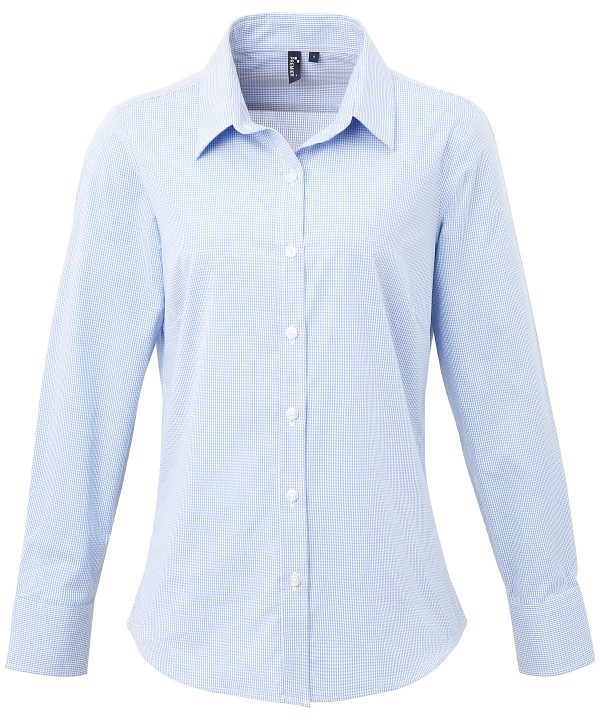 Premier Women`s Microcheck (Gingham) Long Sleeve Cotton Shirt - Image 2