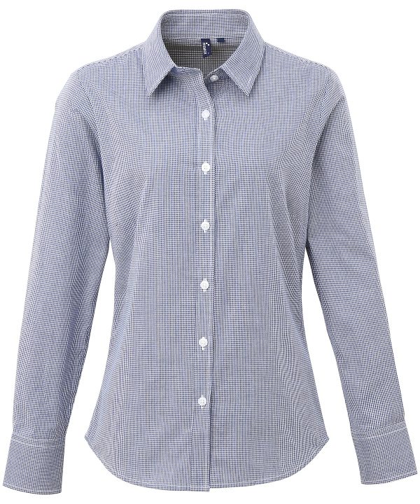 Premier Women`s Microcheck (Gingham) Long Sleeve Cotton Shirt - Image 3