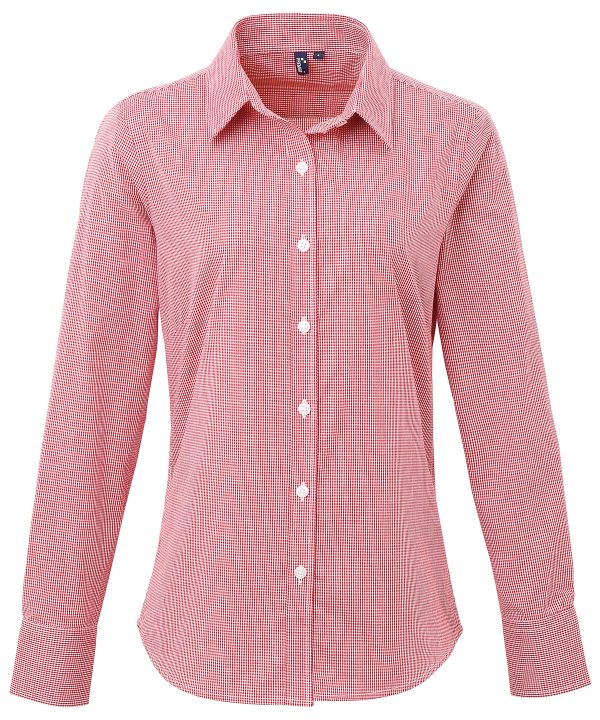 Premier Women`s Microcheck (Gingham) Long Sleeve Cotton Shirt - Image 4