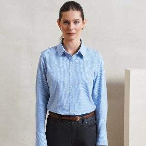 Premier Womens`s Microcheck Gingham Long Sleeve Cotton Shirt
