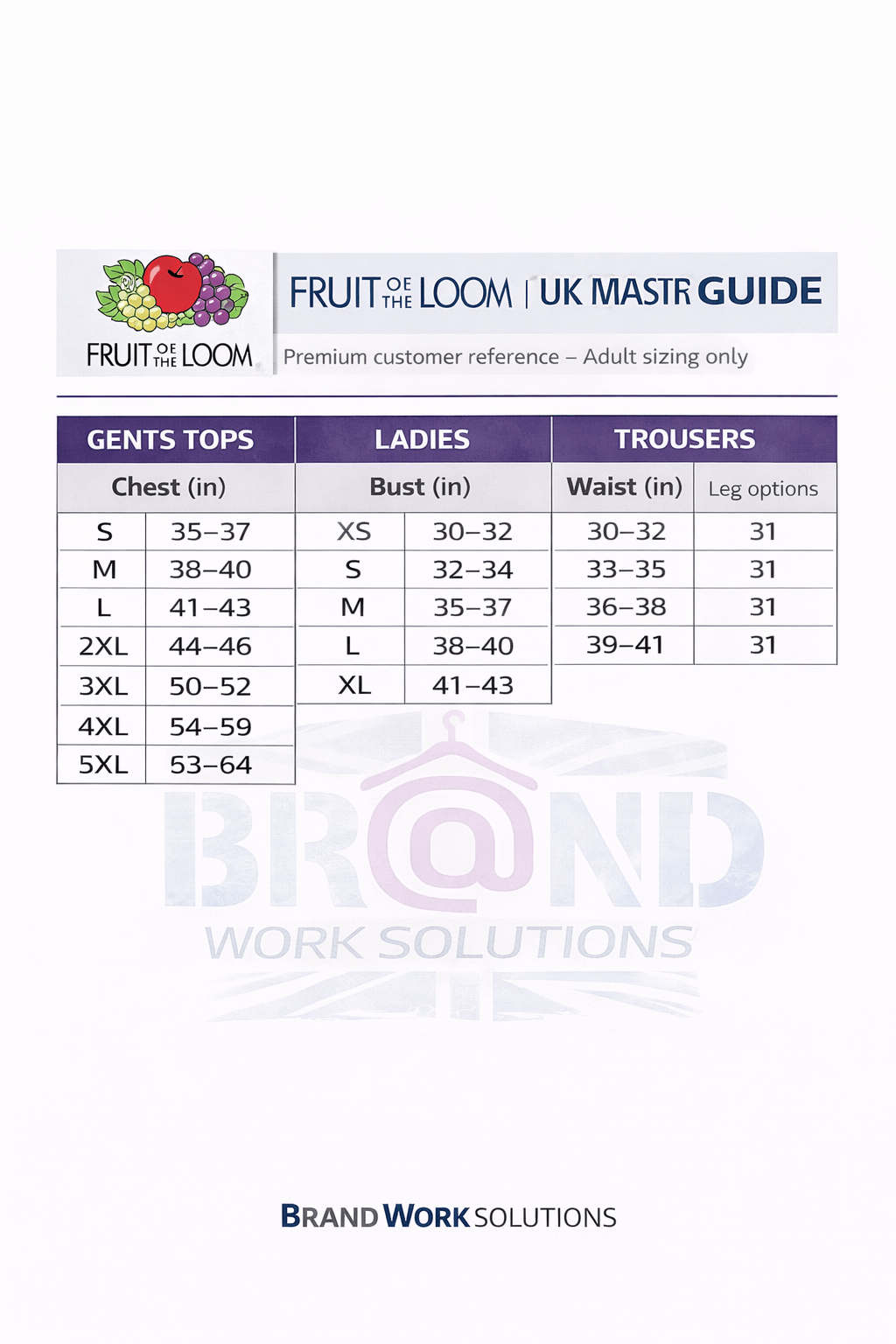 Fruit Of The Loom Size Guide