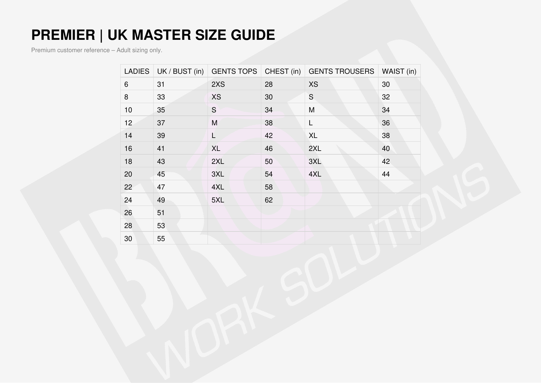 Premier Size Guide