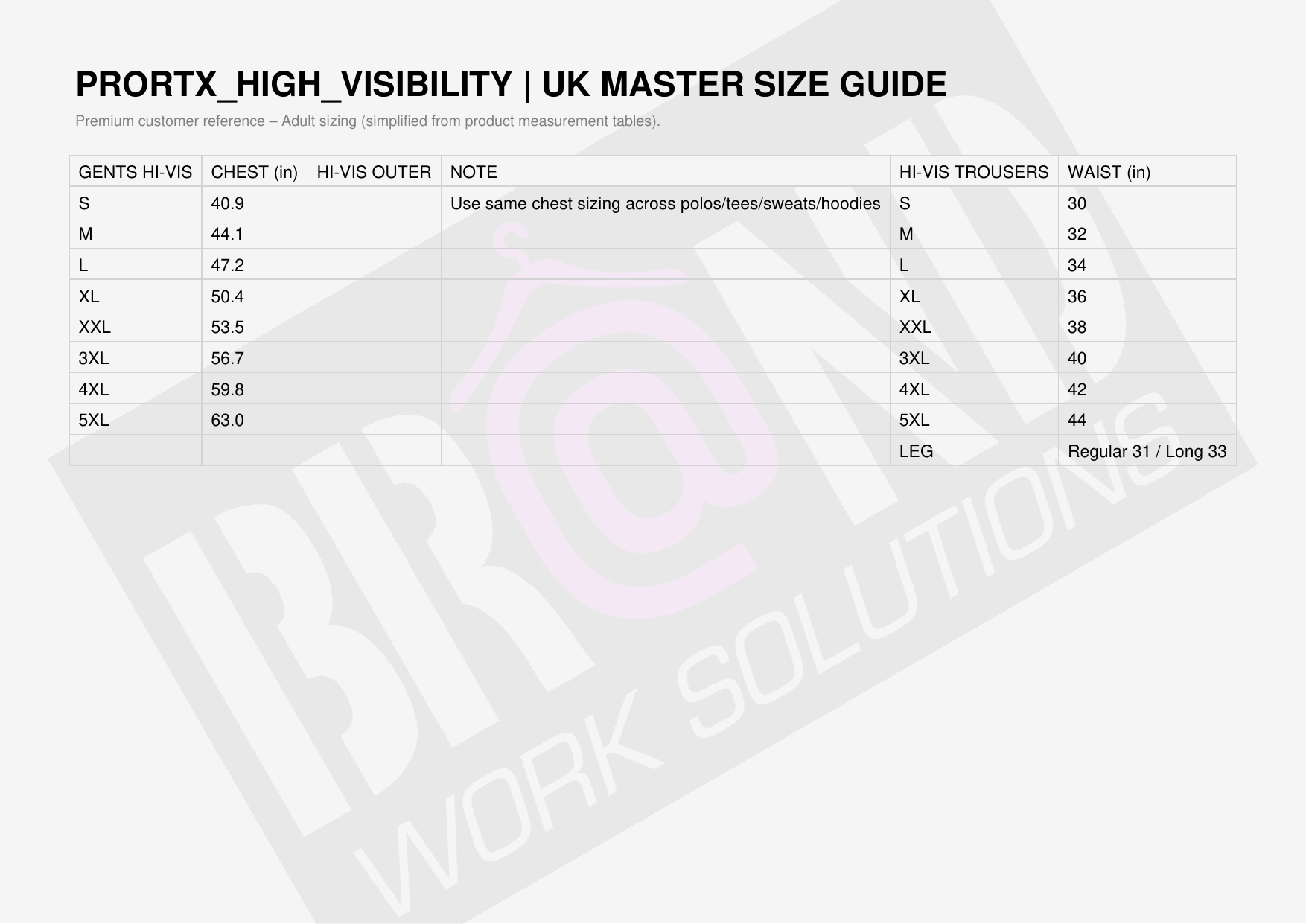 ProRTX High Visibility Size Guide