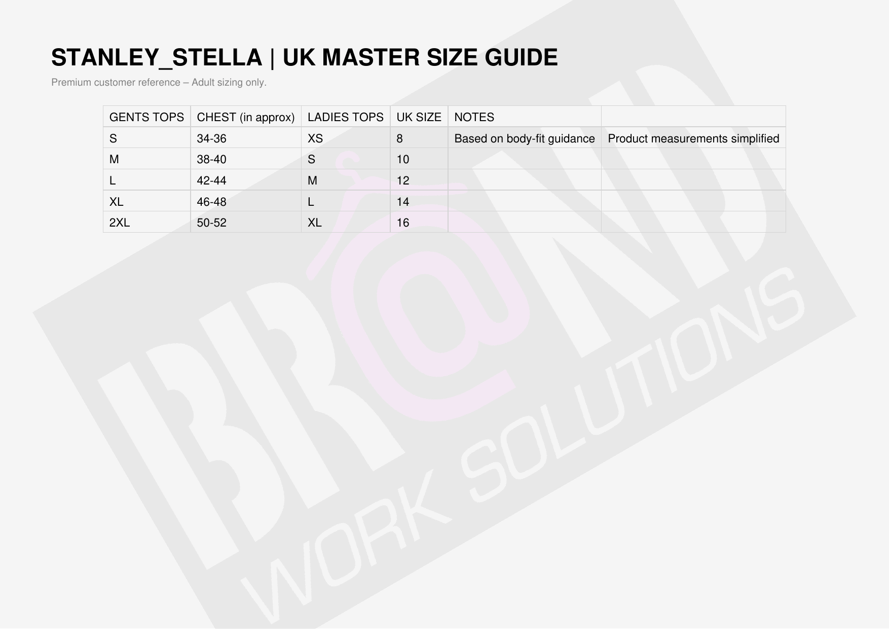 Stanley/Stella Size Guide
