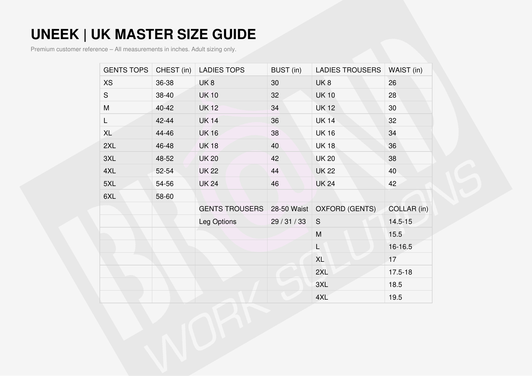Uneek Size Guide