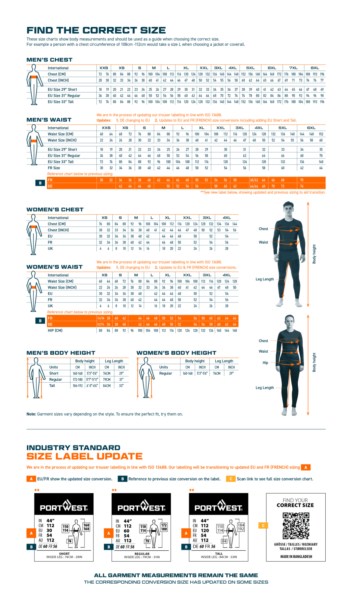 Portwest Size Guide